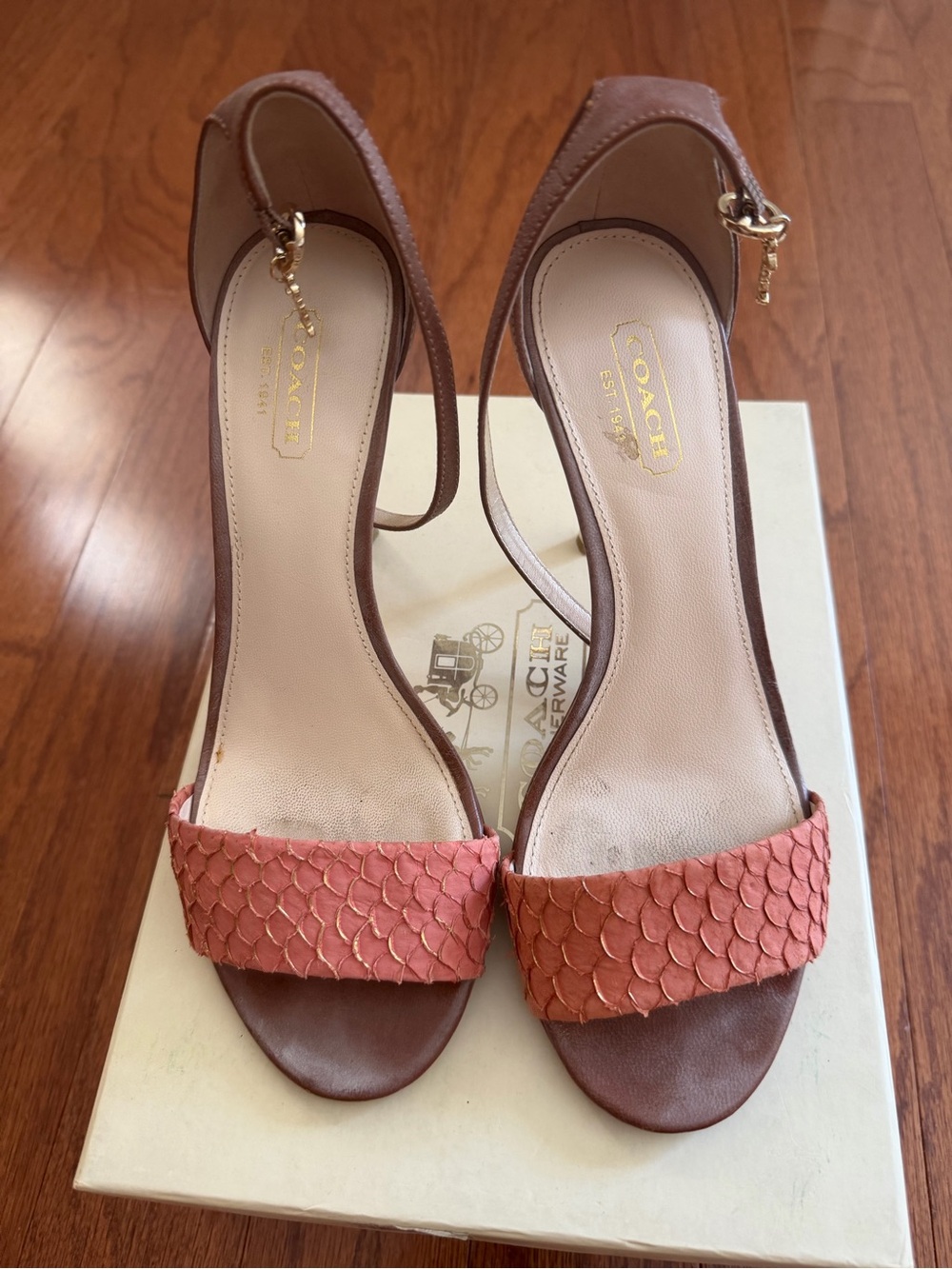 Coach Strappy Gold Heeled Sandals with peachy/salmon colored toe a tan footbed.